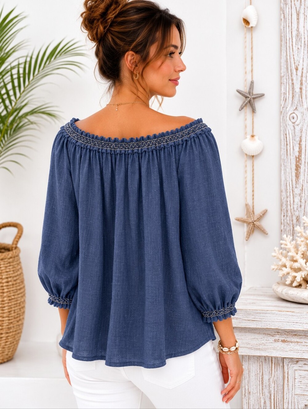 MAX STUDIO | Blue Off Shoulder Peasant Blouse | Size Small | Romantic Top - Picture 2 of 8